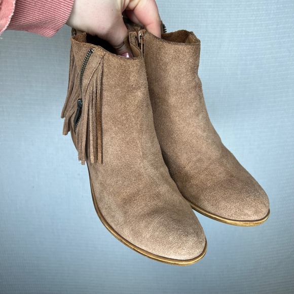 Lucky Brand Tan Suede Fringe Ankle Boots Womens 8.5 M Round Toe Block Heel Boho - Picture 2 of 9